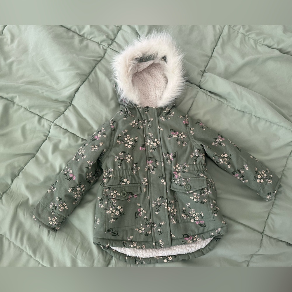 Children’s Place sage green floral jacket parka girls toddler 2T